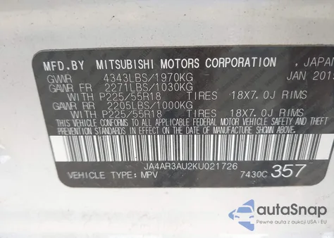 2019 Mitsubishi Outlander Sport 2.0 Le z USA, uszkodzony, nr VIN JA4AR3AU2KU021726